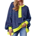 thumbnail image 2 of Womens Oversized Color Block Striped Sweatshirts Henley Shirts Casual Pullover Waffle Knit Tops, 2 of 7