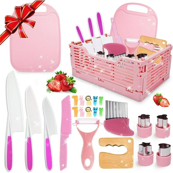 23 PCS Kids Kitchen Knife Set for Real Cooking & Basket, Gift Basket Stuffers Gifts for Kids,Montessori Toys for 3 4 5 6 7 8 9 10 Year Old Girls Birthday Gifts, Toddler Knife Set, Toddler Kitchen Too