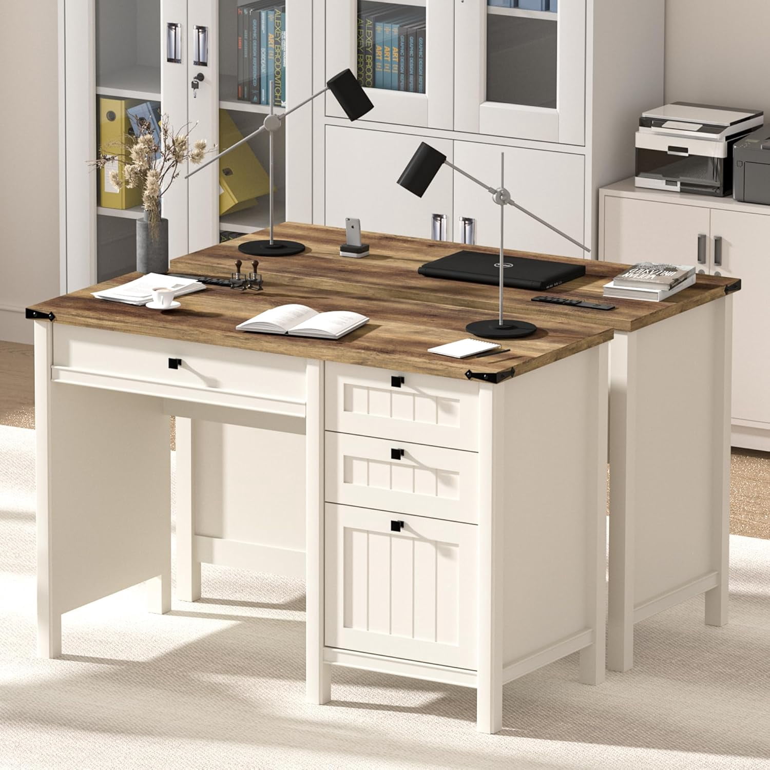 FIAKOA 45"Executive Desk, Modern Farmhouse Computer Desk with Drawers & Cabinet, White Home Office Desk Writing Workspace for Work Study