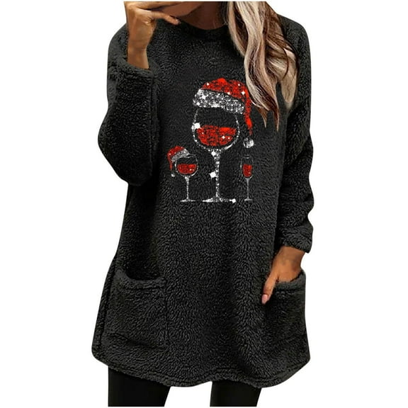Lovskoo Women's Fuzzy Fleece Pullover Tops Round Neck Long Sleeve Pocket Printed Winter Thick Warm Plush Top Black