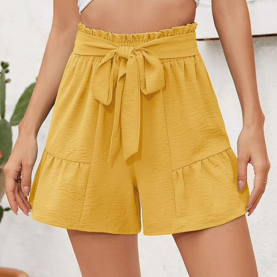 Vedolay Running Shorts Casual Short for Womens Cotton Elastic Waist Knee Length Curling Shorts with Drawstring,Yellow L