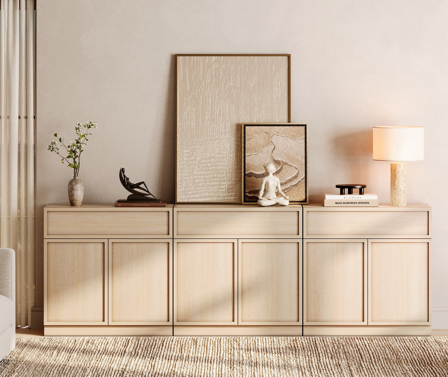 94.5" Modern Sideboard Buffet Cabinet with 6 Doors and Drawers, Multifunctional Sideboard with Large Storage and Adjustable Shelf, Beige