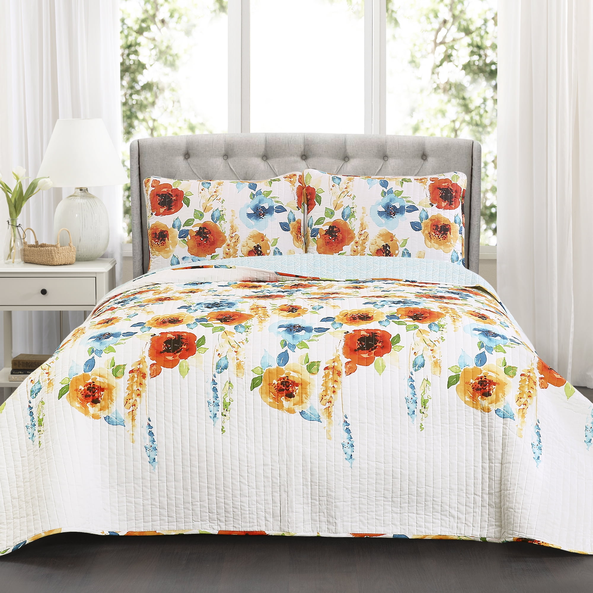 3 PC Watercolor Dream FLORAL Bloom QUILT SET Shams Reversible FULL/QUEEN or KING 