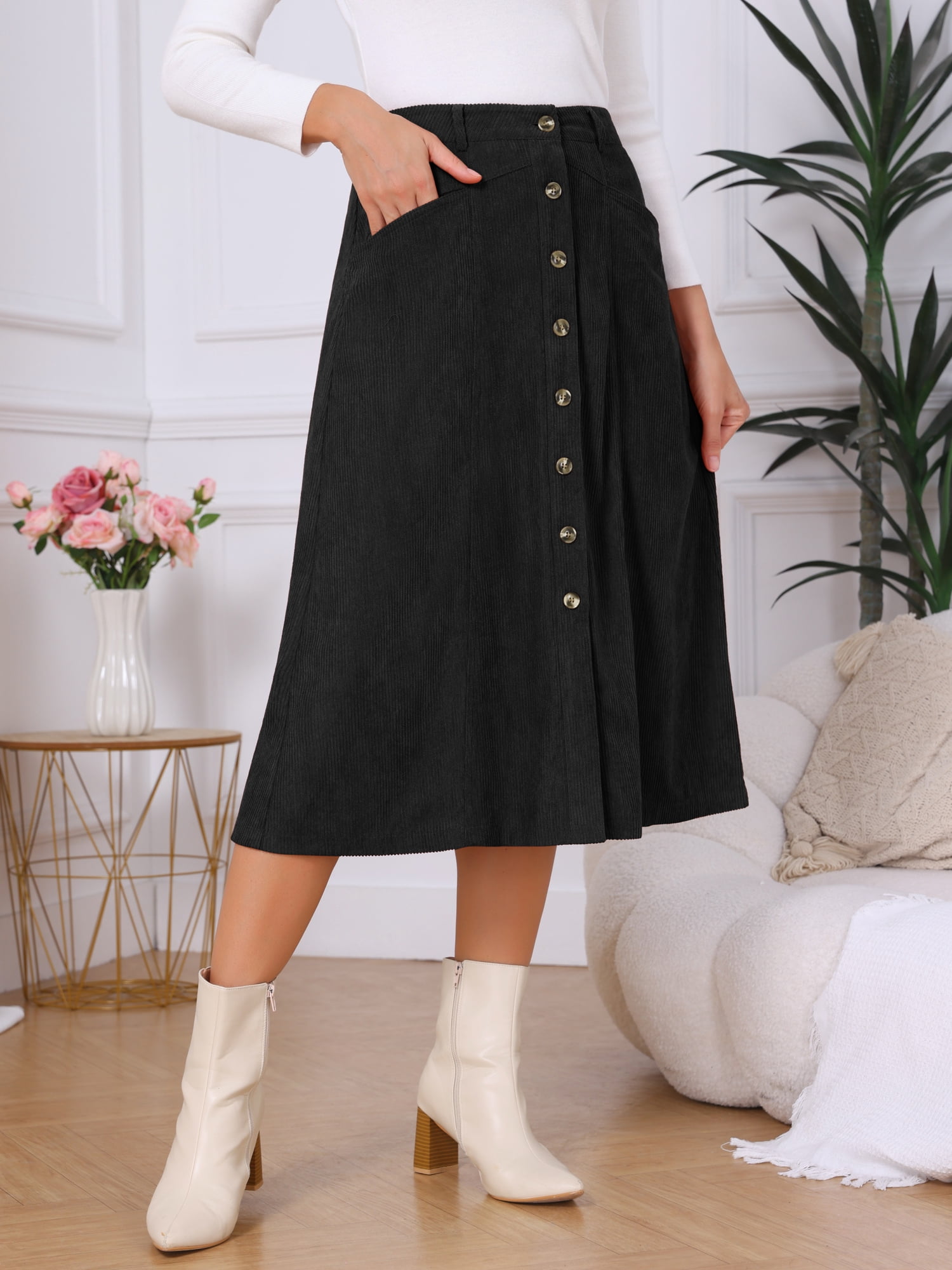 DARING DIVA Women's Corduroy A Line Midi Button Down Pockets Skirt M Black