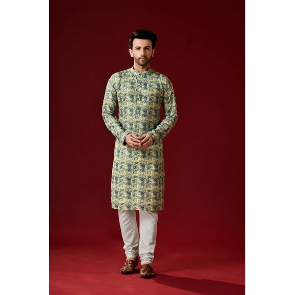 Men's Sage Green Color Indian Traditional Wear Tunic Cotton Kurta Pajama Set