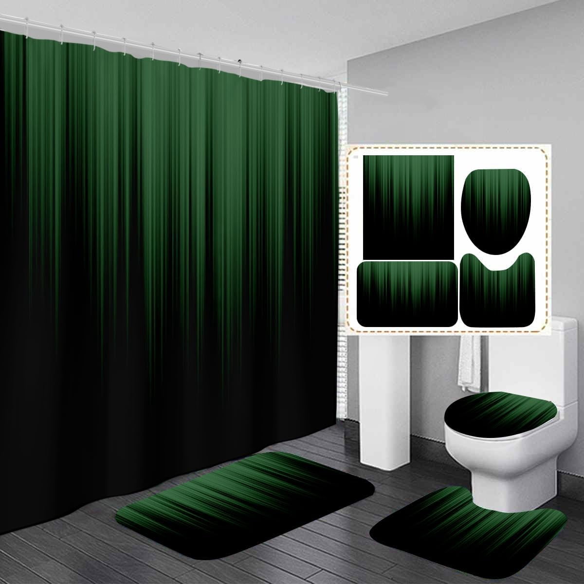 4 Piece Green and Black Shower Curtain Set Ombre Abstract Striped Mens Gothic Boys Modern 72Wx72L Curtains Decor with Non-Slip Rugs, Toilet Lid Cover and Bath Mat Bathroom Accessories
