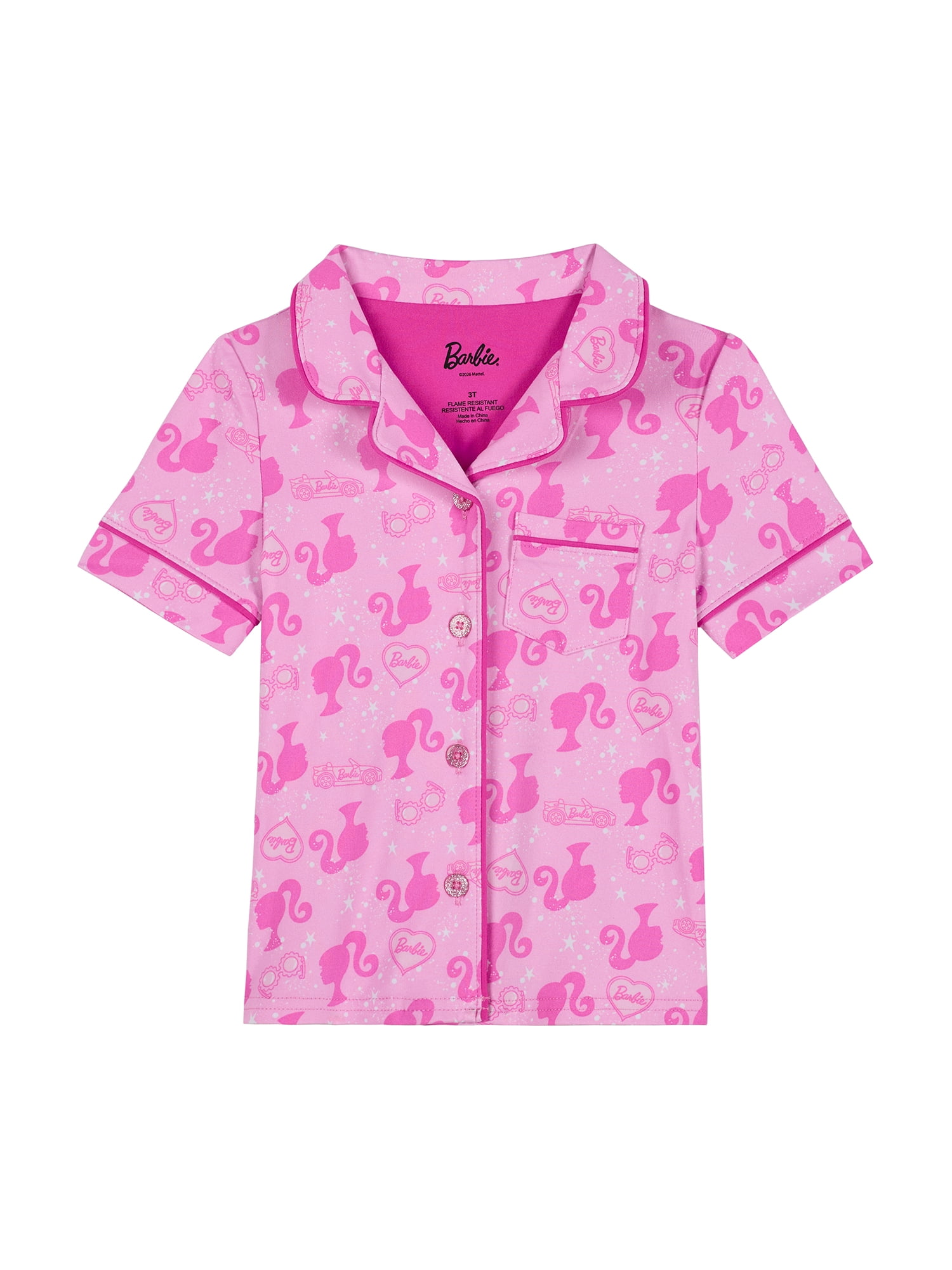 Barbie Toddler Girls Short Sleeve Button Front Top and Sleep Shorts, 2-Piece, Sizes 2T-5T