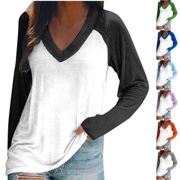 PIWHJQK Women Casual Long Sleeve Shirts Womens Solid V Neck Long Sleeve Contrast Sleeve Pullover T Shirt Women Blouses