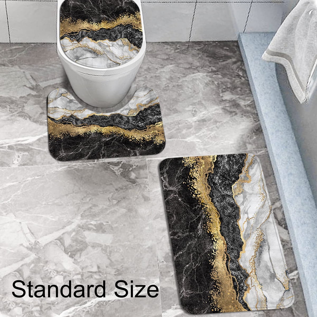 Dznils Marble Shower Curtain and Bath Rug Set, Modern Fabric Bathroom Curtain Sets, 72" x 72", Black