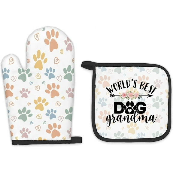 Dog Grandma Gifts Oven Mitts and Pot Holders Sets, Gifts for Dog Grandma, Dog Paw Kitchen Decor Accessories Sets, World’s Best Dog Grandma Heat Resistant Oven Glove Potholders for Kitchen