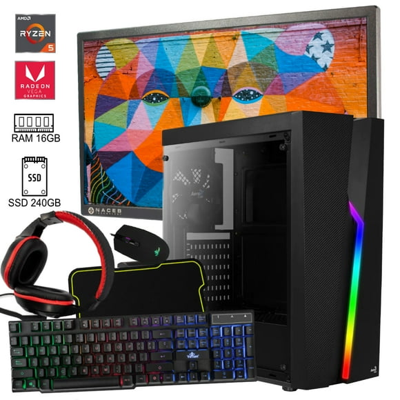 PC gamer Ryzen 5 5600G AMD RAM 16GB SSD 240GB monitor 21.5" 500W 80+ kit gamer