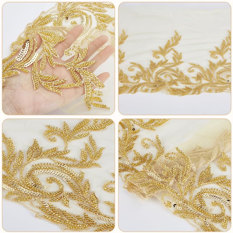 2 Yards Rosy Brown Hanmade 3D Lace Applique Lace 12.7 Inch Embroidered Tulle Trim Sew on Sequin Bead Floral Mesh Fabric Sparkle Trimming for DIY Craft Wedding Dress Curtains Home Decor Rosy Brown