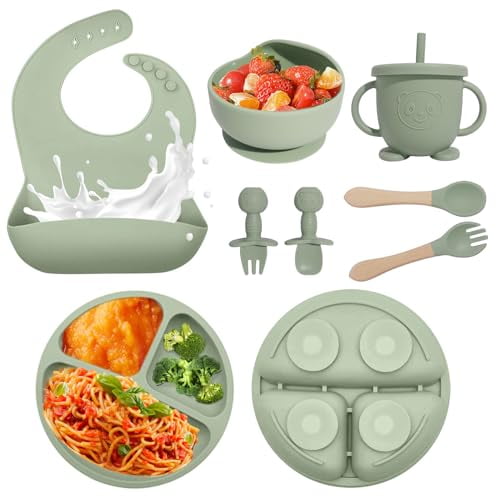 Baby Led Weaning Supplies,8 Piece BPA-Free Silicone Feeding Set,Silicone Suction Bowl,Forks & Spoons,Bib & Cup,Develops Self Feeding Skills,Dishwasher Safe,for 6+ Months (Green)