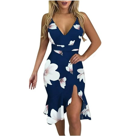 

Inkach Women V-Neck Sleeveless Ruffle Low-Cut Flower Printing Slit Sling Dress