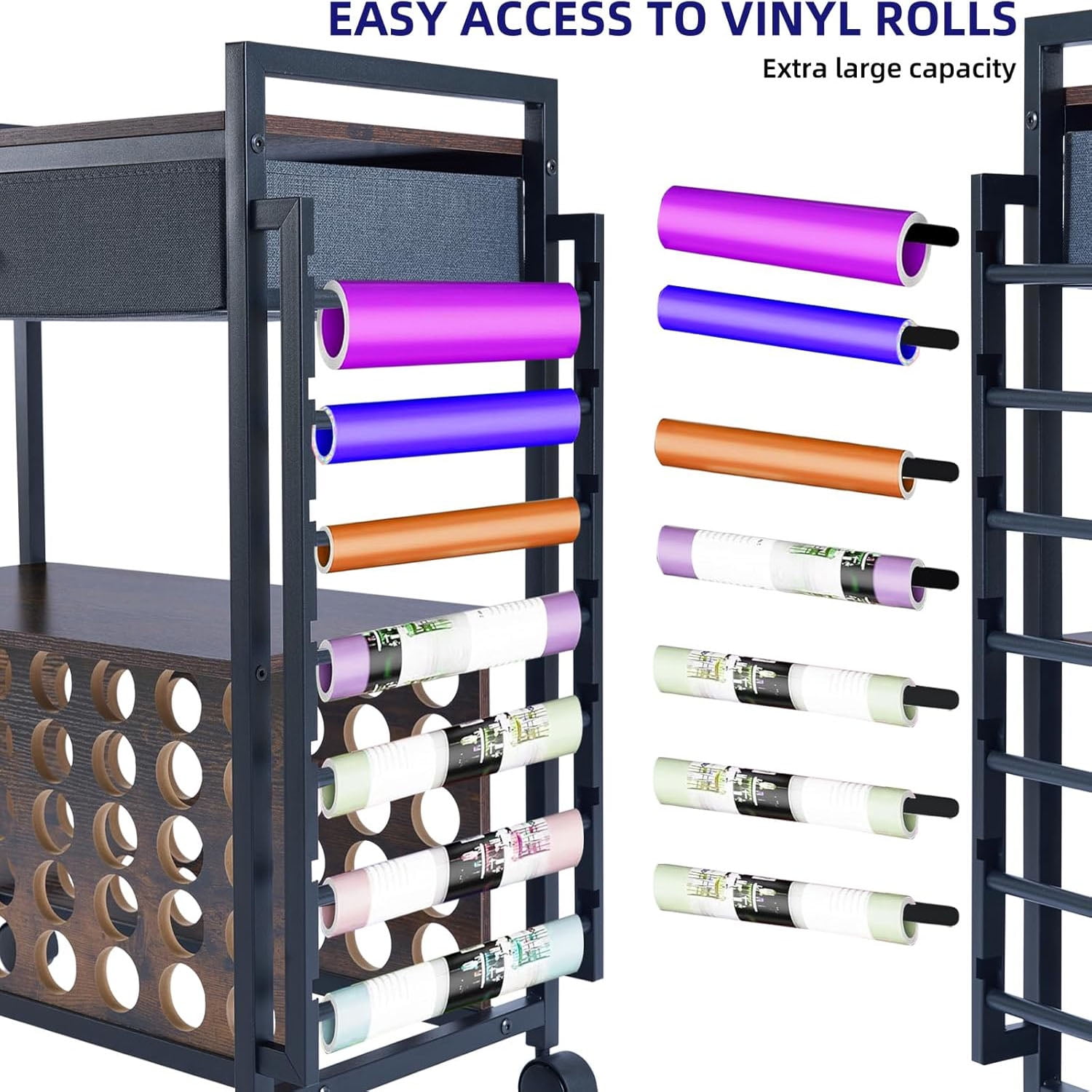 Organizers and Storage Compatible with Cricut Machines Rolling Craft Storage Cart with 47 Vinyl Roll Holders for Craft Rooms Home Removable Patent Protected 001 Black Wood Grain