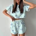 thumbnail image 2 of Tnhcen Women's Butterfly Print Stretchy Crop Top & Shorts Sleepwear Set - Elastic Waistband Loungewear Soft Lightweight Pajama Set for Women Casual Home Wear​ S-XL Blue, 2 of 4