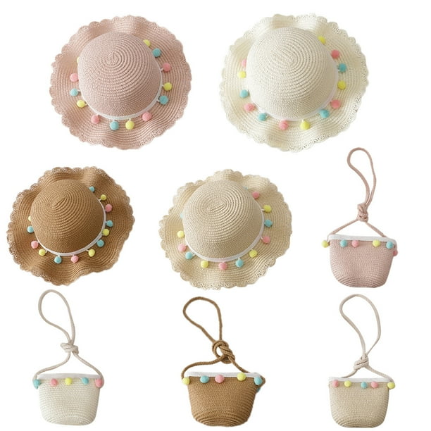 ZPAQI Little Girls Sun Straw Hat Large Wide Brim Pompom Sun Protection Woven Beach Cap