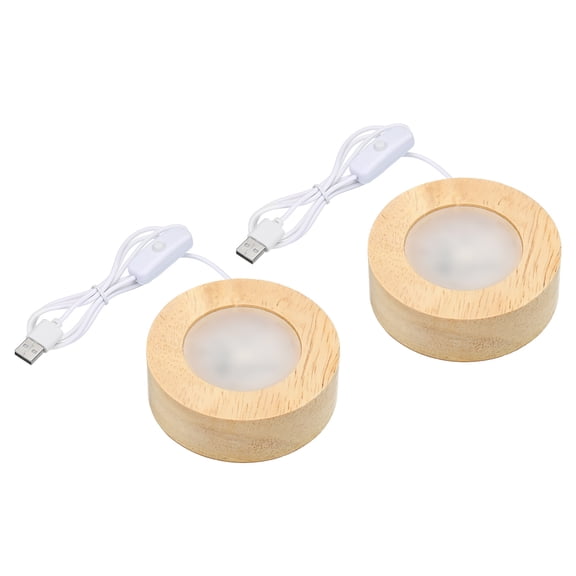 Uxcell 2.4 Inch Wooden LED Light Base, 2pcs Wood Display Base Stand w Switch for Crystal Glass, White Light