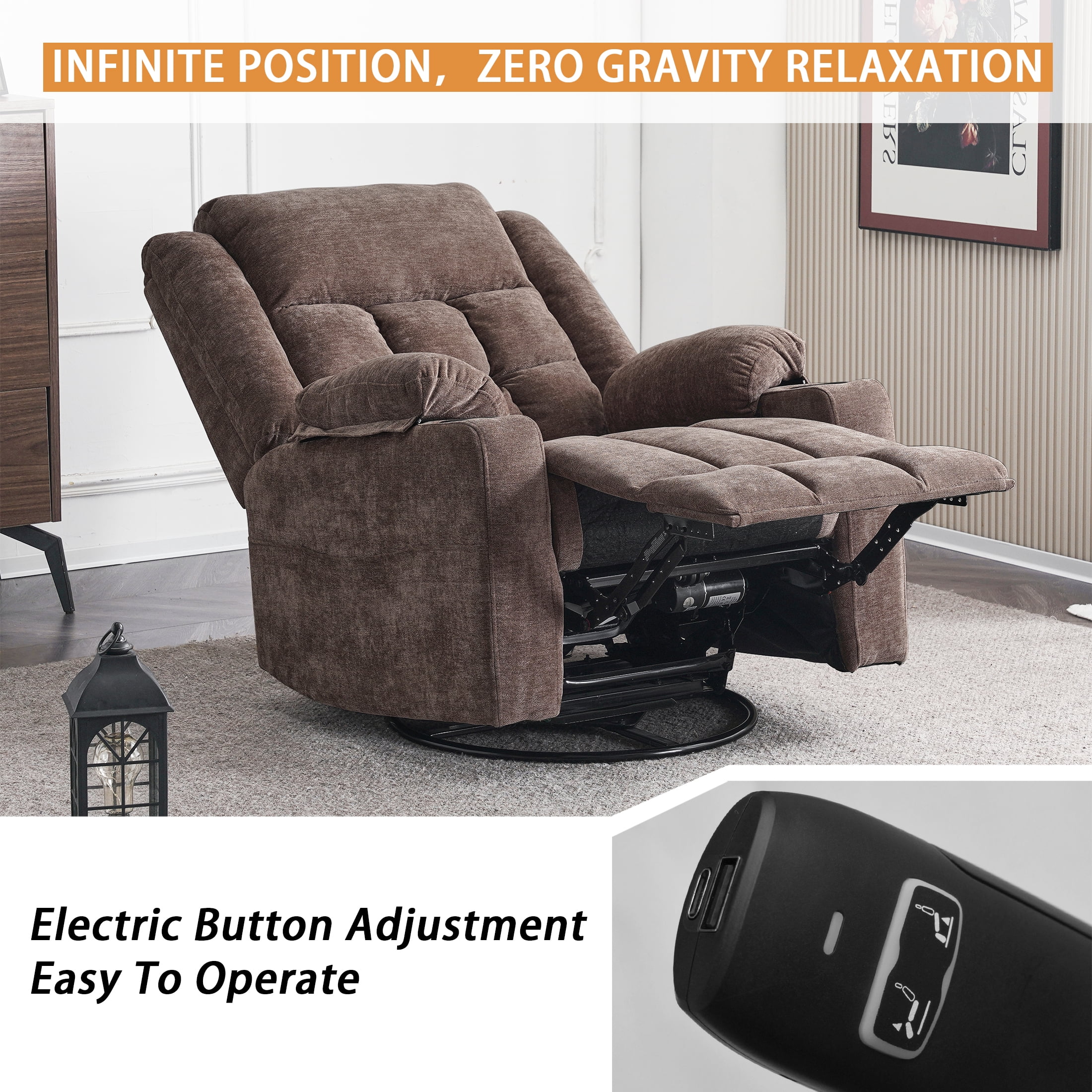 Sfxingyou Power Swivel Recliner Massage Chair, USB and Type-C Ports, Glider Chairs Living Room,Coffee