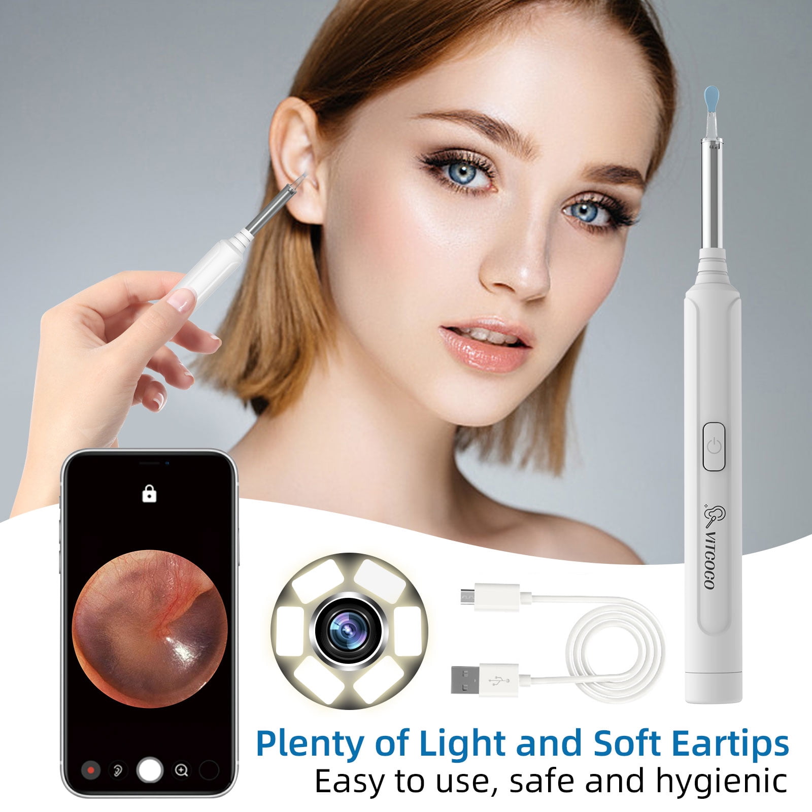 VITCOCO Ear Wax Removal, 1296P FHD Wireless Otoscope Earwax