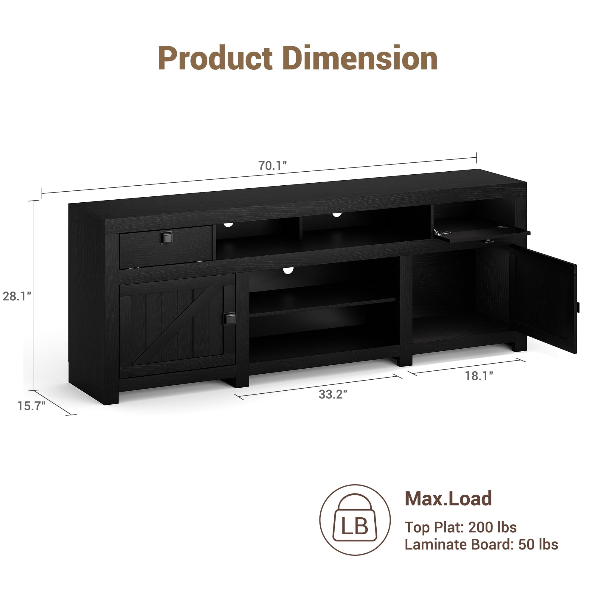 70-Inch Farmhouse TV Stand for TVs Up to 80", Entertainment Center with 4 Storage Drawers & 3 Open Shelves for Living Room-Black