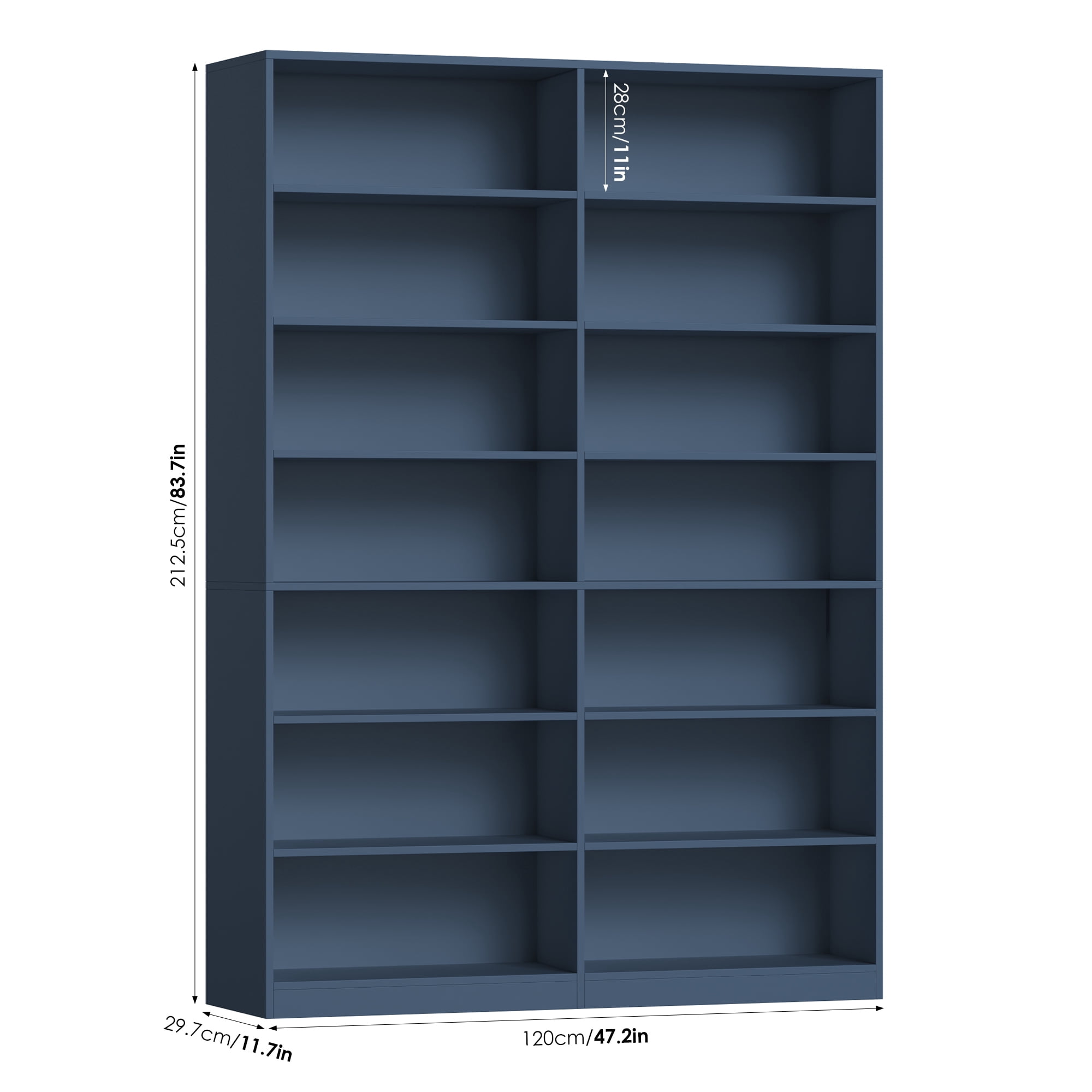 Hiphuta 84" Tall Double Wide 7-Tier Bookcase with 14 Cubes, Large Open Bookcase for Home Office and Living Room, Freestanding Display Book Shelves, Blue