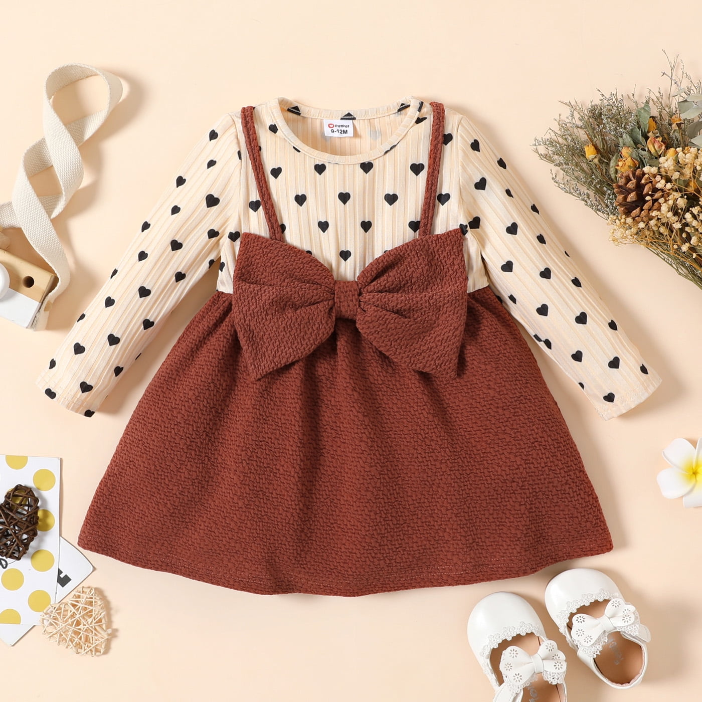 PatPat Baby Girl Love Heart Print Long Sleeve Splicing Solid Bowknot Dress,3-24 Month