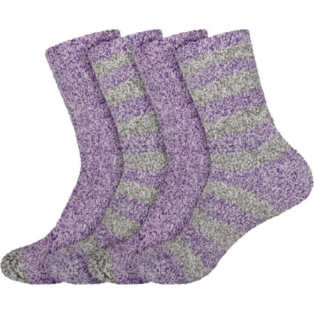 

BambooMN Women s Soft Fuzzy Warm Cozy Comfy Fuzzy Plush Cute Striped Solid Slipper Socks - Purple Grey - 4 Pairs