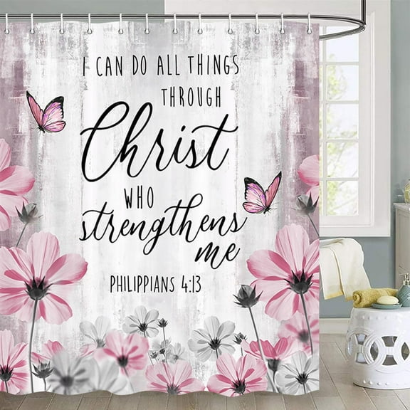 Bible Verse Shower Curtain, Pink Floral Daisy Shower Curtain Trust in The Lord Inspirational Quote Shower Curtain Rustic Farmhouse Butterfly Bathroom Shower Curtain Set with 12PCS Hooks, 72X72 Inches