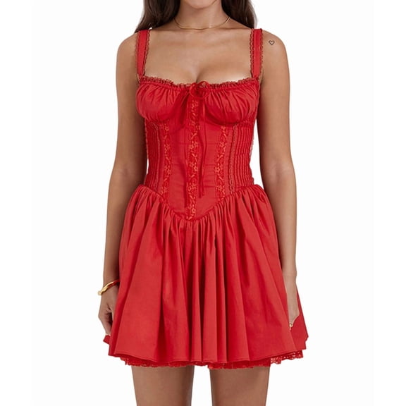 Women Summer Square Neck Tie Front Lace Spliced Ruched Backless Casual Party Short Bodycon Dresses Red S