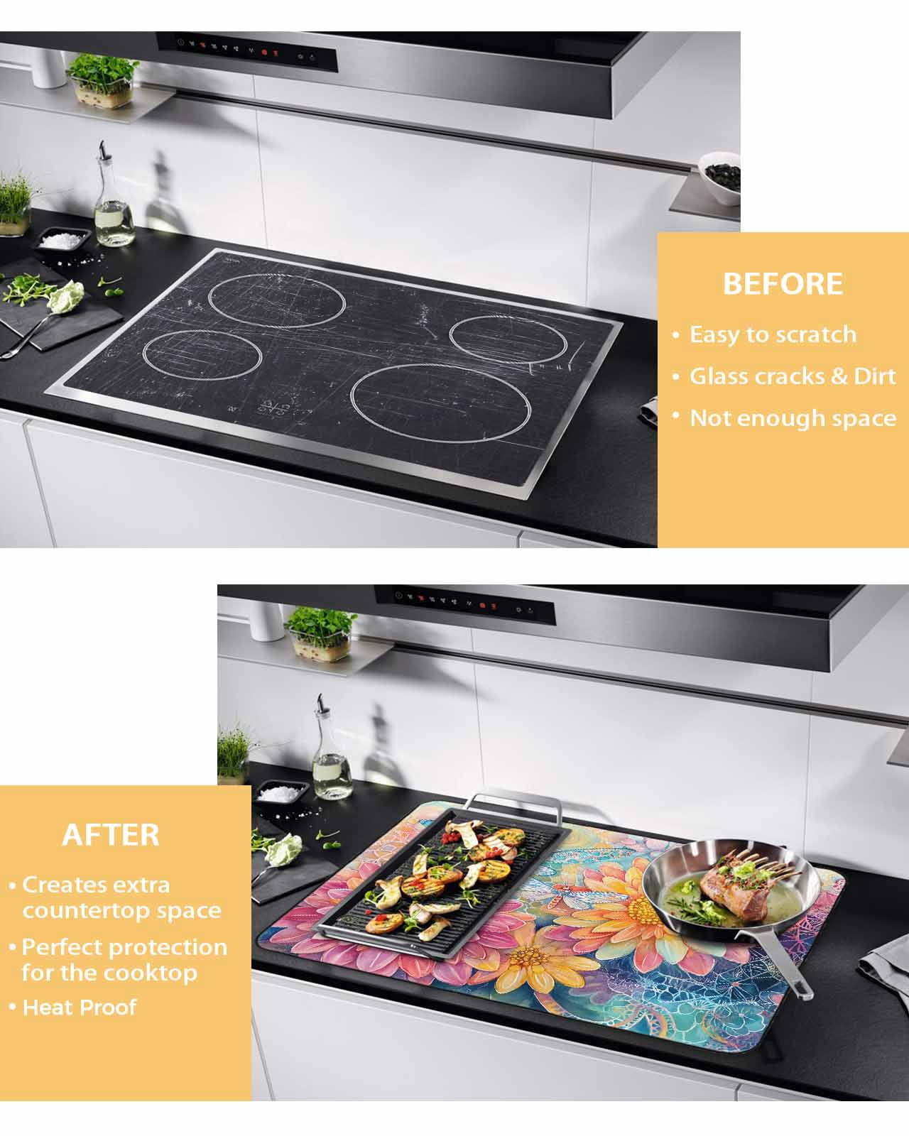 nqOlkjepod Large Induction Cooktop Protector Mat 36"x21", Pink Yellow Spring Floral Stove Top Covers for Electric Stove, Summer Flowers Dragonfly Watercolor Stove Burner Cover Mats Stove Cover
