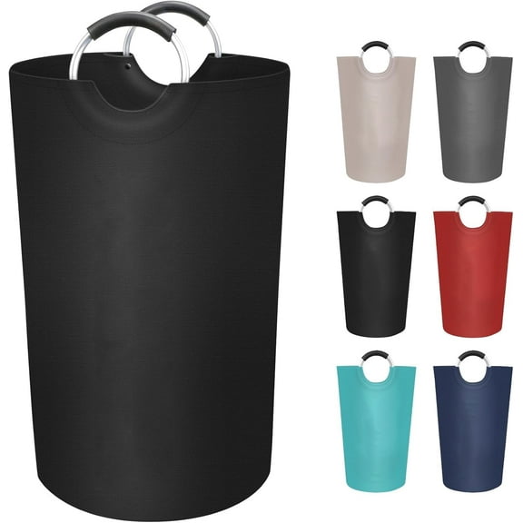 90L Large Laundry Basket, Freestanding Waterproof Laundry Hamper, Collapsible Folding Tall Clothes Hamper, Easy Carry with Foam Protected Aluminum Handles for Dorm, Family, Travel (Black)1