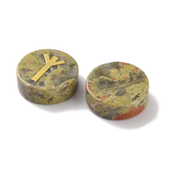 1 set Brass Elder Futhark Alphabet Engraved Symbol Flat Round Natural Unakite Rune Stones for Chakras Balancing Therapy Meditation Divination 16.5~17.5x6~7mm 25pcs/set