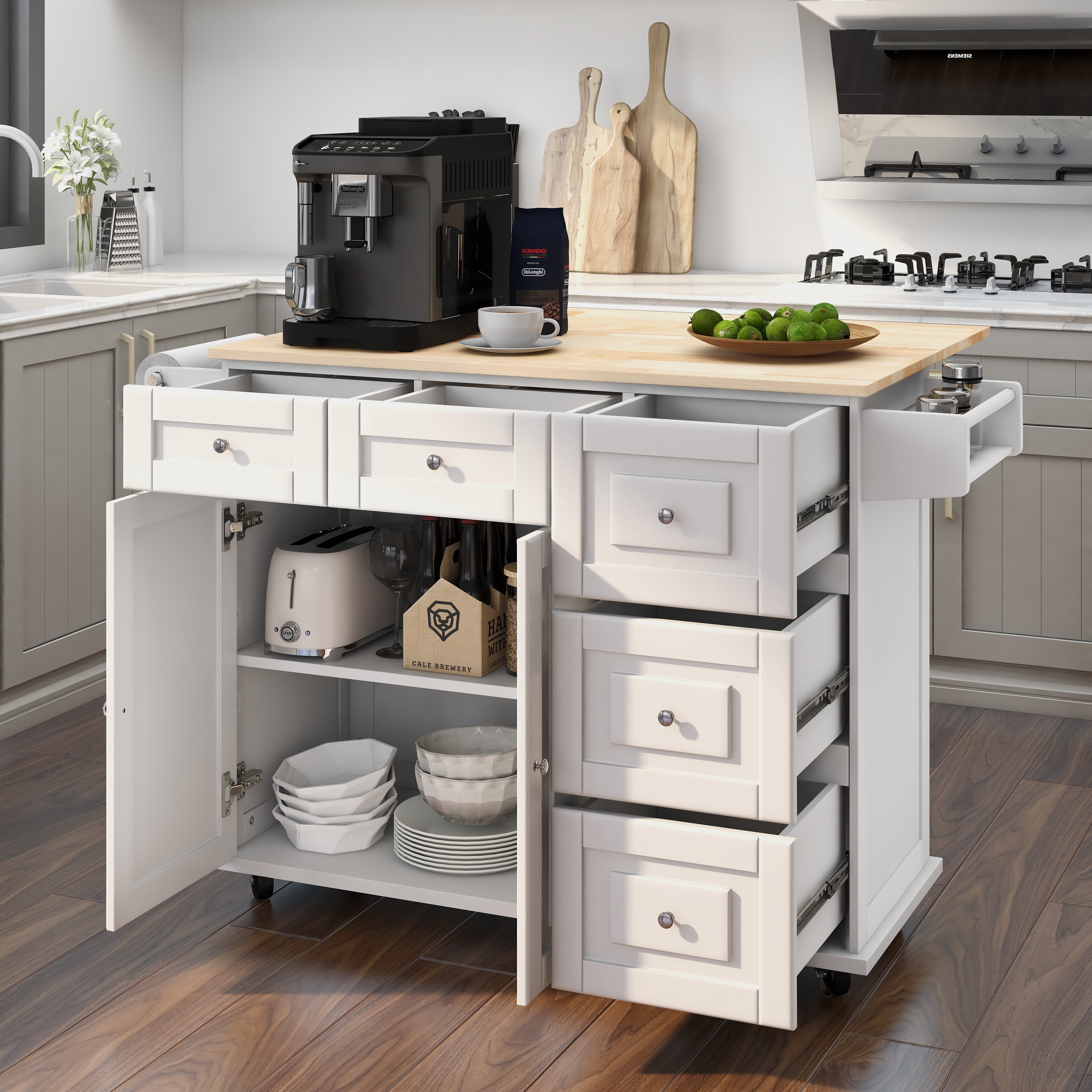 Homrest Kitchen Island with Drop Leaf,Kitchen Cart Rolling Mobile Island with Wooden Countertop, Spice Rack,Adjustable Shelves and Drawers, White