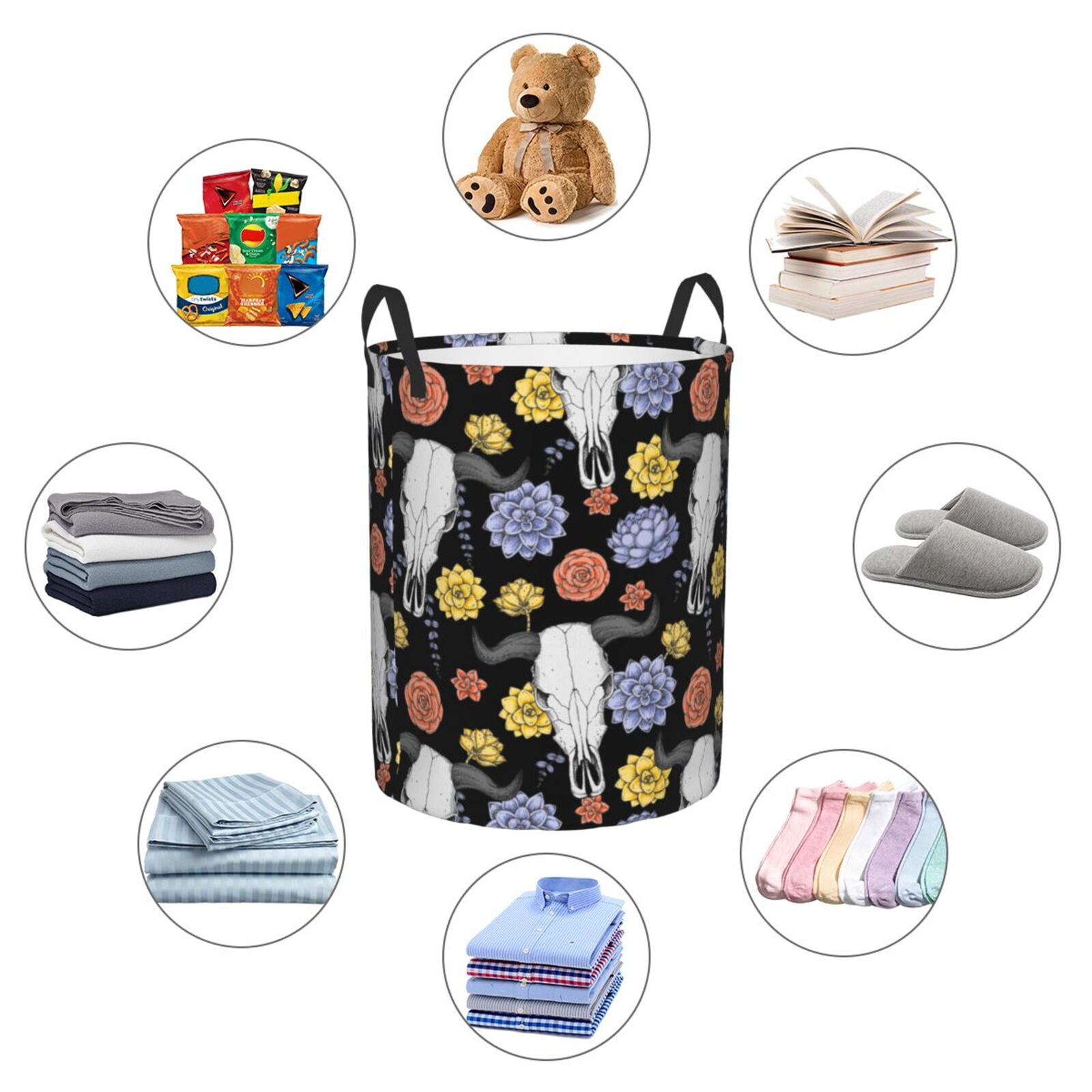 Large Laundry Basket with Handles - Buffalo Skull flowers Exotic Kids Baby Dirty Clothes Laundry Hamper for Bedroom Aesthetic