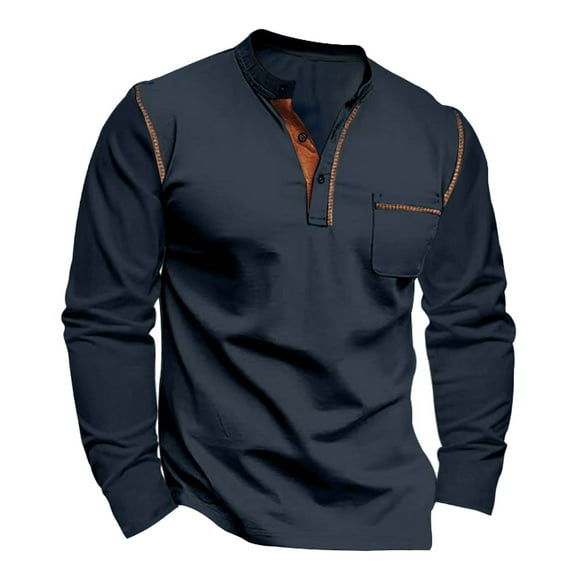 TSADFHJI Mens Long Sleeve Shirts Casual Cotton Christmas Male Autumn And Winter Long Sleeve Solid Color Pocket Letter Stripe Stitching Raglan Sleeve Top M Navy