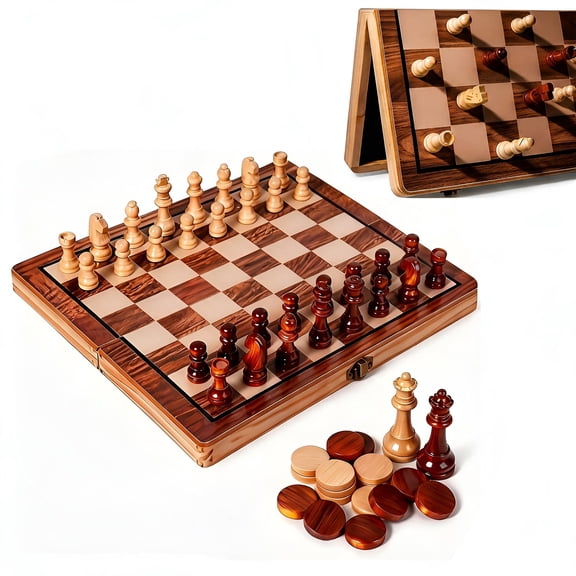 2‑in‑1 Magnetic Solid Wood Chess and Checkers Set, 15.16‑inch Standard‑Size Foldable Board with Hidden Storage Compartment, Portable Strategy Board Game, High‑End Leisure Gift Set