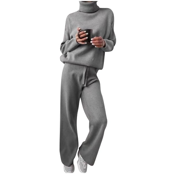 vigerkar Women Fall Sweatsuits Two Piece Sets Mock Neck Long Sleeve Knit Tops Wide Leg Pants Lounge Set Travel Outfits (Grey, XL)