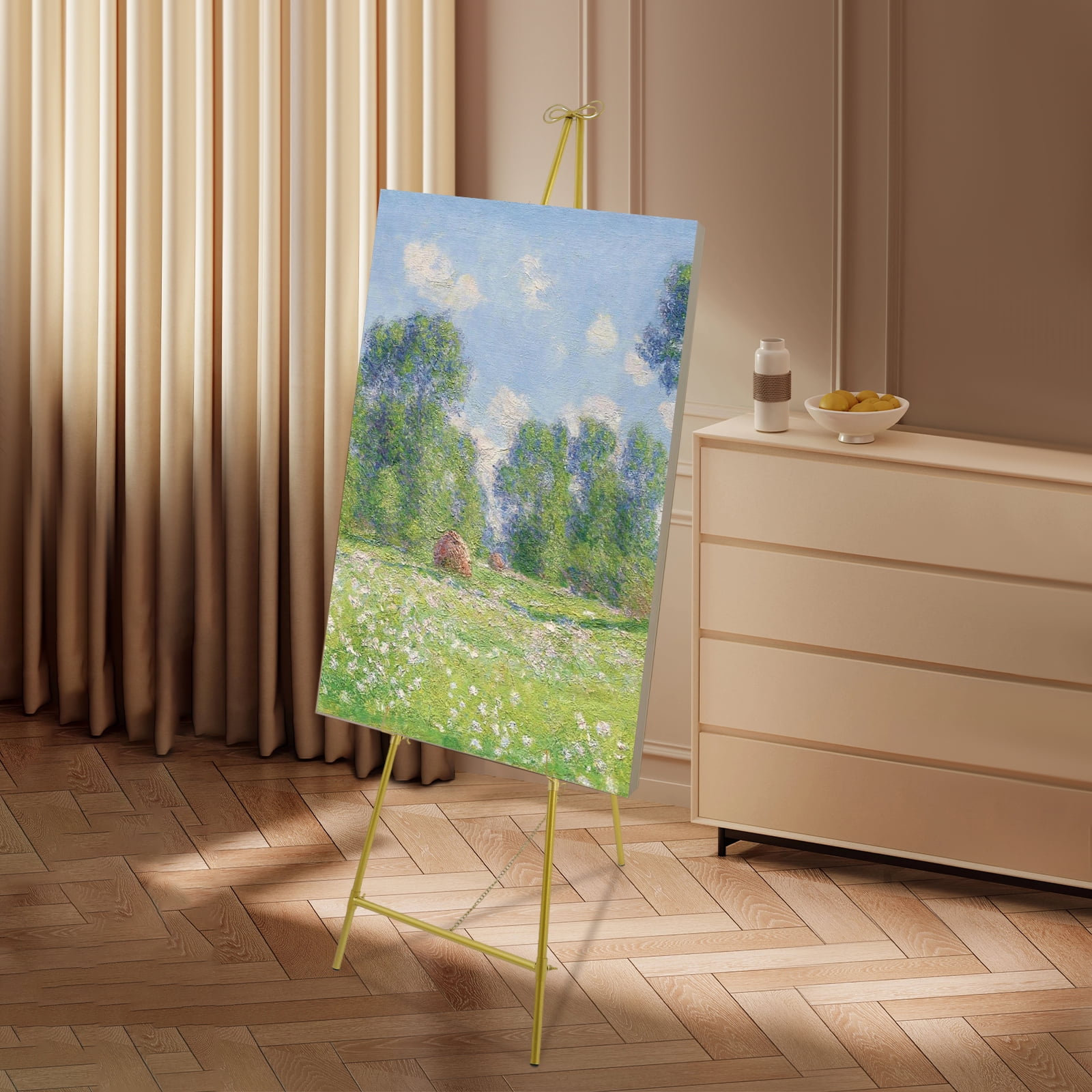 Gold Display Easel Stand 5.4ft Tall Adjustable Art Easel with 23.6in Chain & Hook 11 lbs Capacity Floor Standing Poster Easel