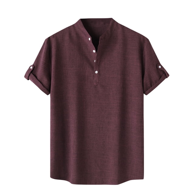 Shirts for men Casual Solid Stand Collar Short Sleeve Button Closure Shirt Hawaii Blouse