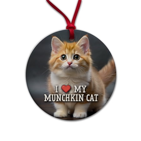 I Love My Munchkin Cat Heart Christmas Tree Holiday Round Ceramic Ornament