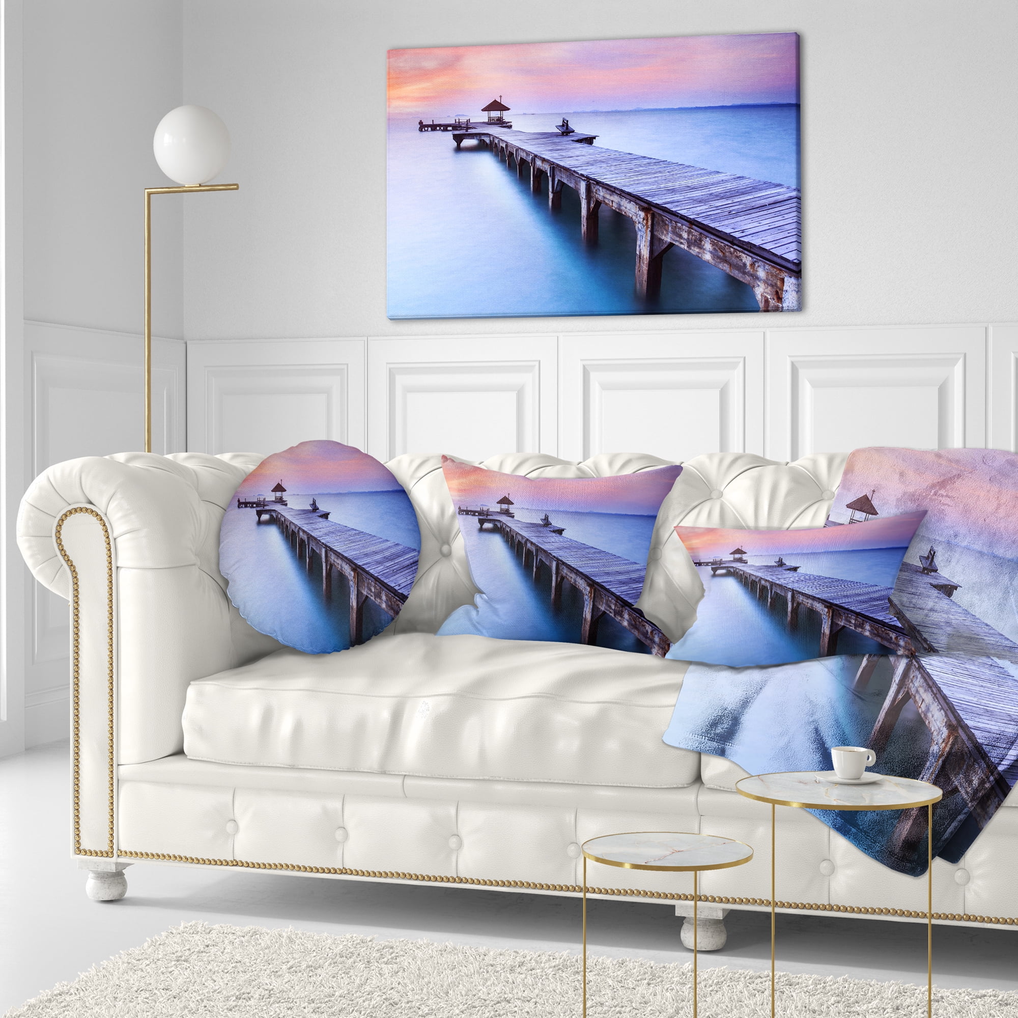 Designart Blue Wooden Bridge - Seascape Photography Throw Pillow - 12x20