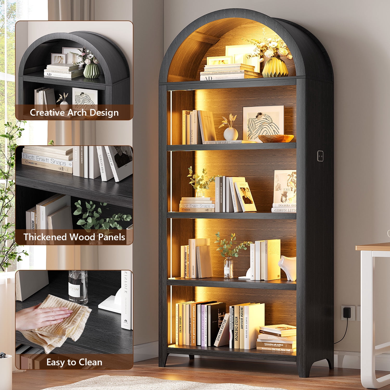 VKCC 68.9" Arched LED Bookcase with 5 Shelves, Modern Bookshelf for Living Room Office, Black