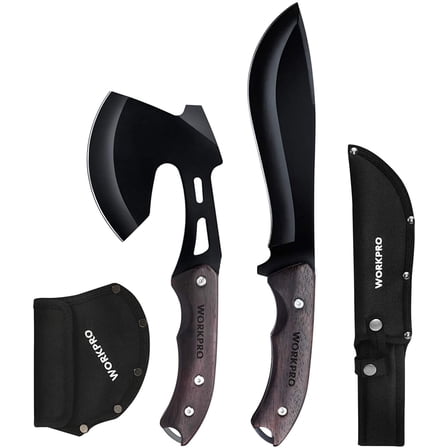 WORKPRO 10-inch Axe and 13-inch Fixed Blade Knife Combo Set, Blade Length 4.75-inch & 7.75-inch, Full Tang, Wood Handle, Nylon Sheath Included-Black