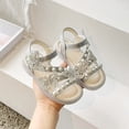thumbnail image 2 of GiLiling Girls Rhinestone Butterfly Pearl Sandals, Princess Dress Shoes, Adjustable Strap Soft Sole Non Slip Flats for Summer (Silver, 8-9 Years), 2 of 9
