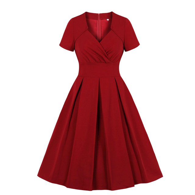 Vestidos Para Mujer Vestido de Fiesta Cuello en V Retro Color Sólido Manga Corta Cintura Alta Vestido Formal Odeerbi ODB174158