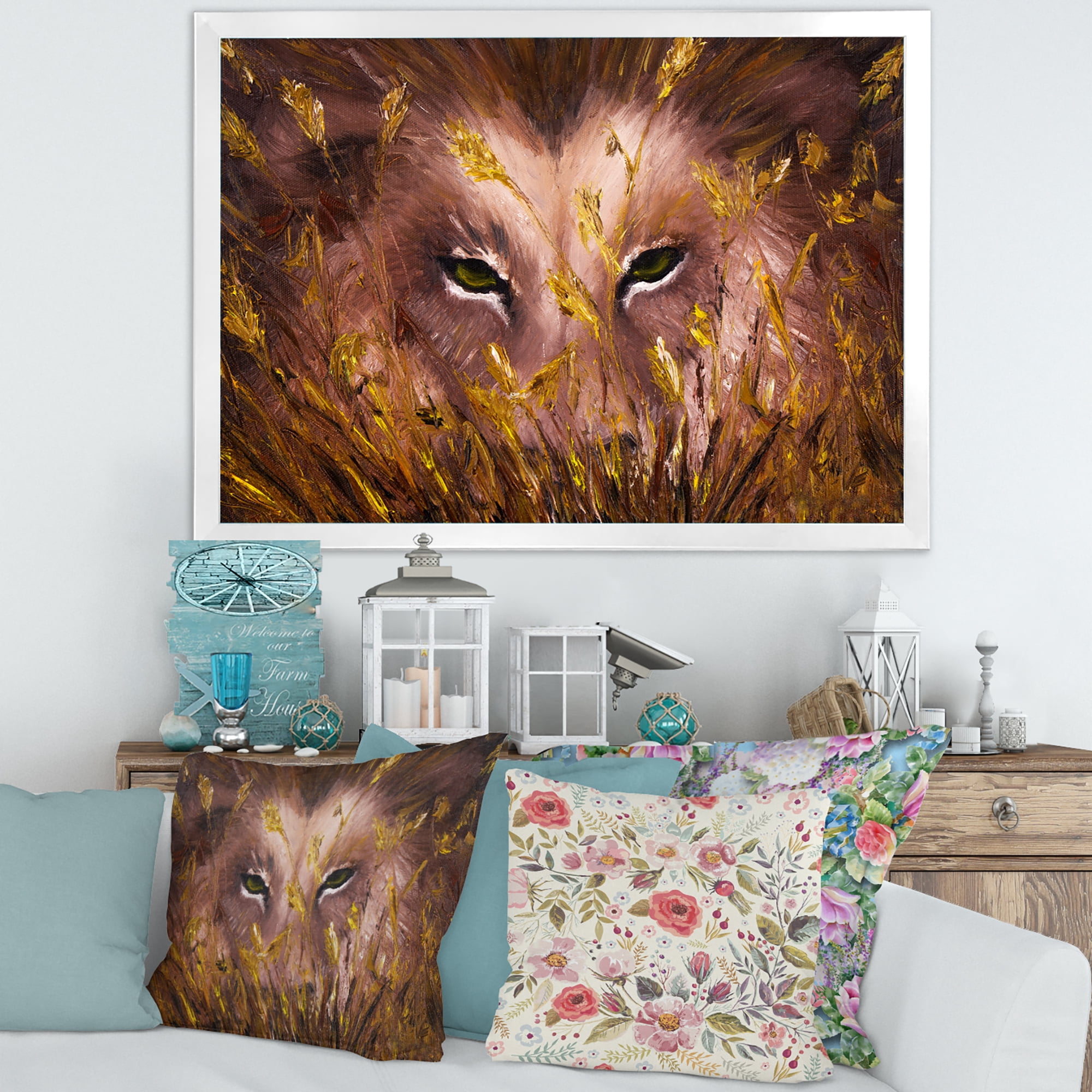 Designart 'Close Up Of Wolf Eyes In The Grass' Farmhouse Framed Art Print