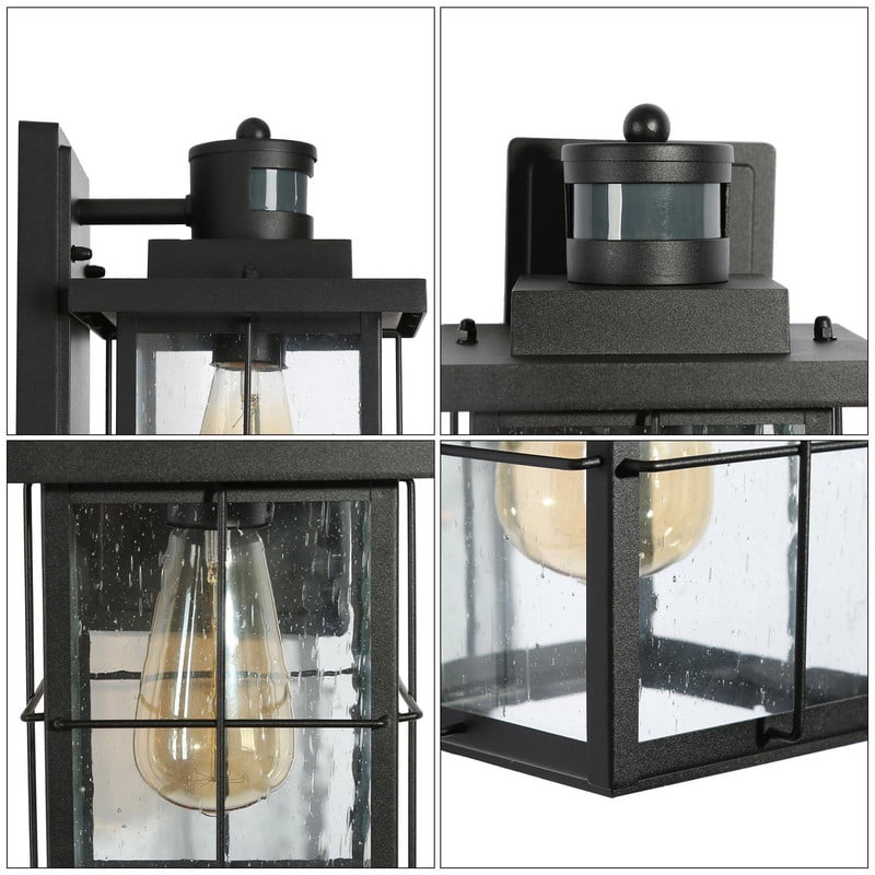 LNC Modern Motion Sensor Outdoor Wall Light with Seeded Glass, Dusk to Dawn Black Lantern