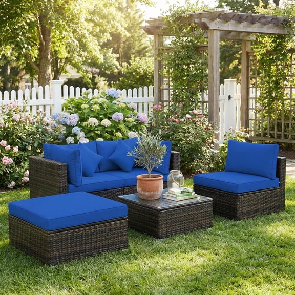 Topcobe 5 Pcs Outdoor Patio Rattan Furniture Set Sectional Conversation with Cushions, Outdoor Deck Furniture, Navy