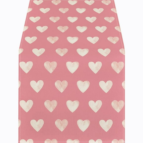 FYTPOV Flax Table Runner, Valentines Day Decorations, Hearts Printed Pink Table Runner for Wedding Party, Christmas Runner for Table Home Decor, 13x35 inch